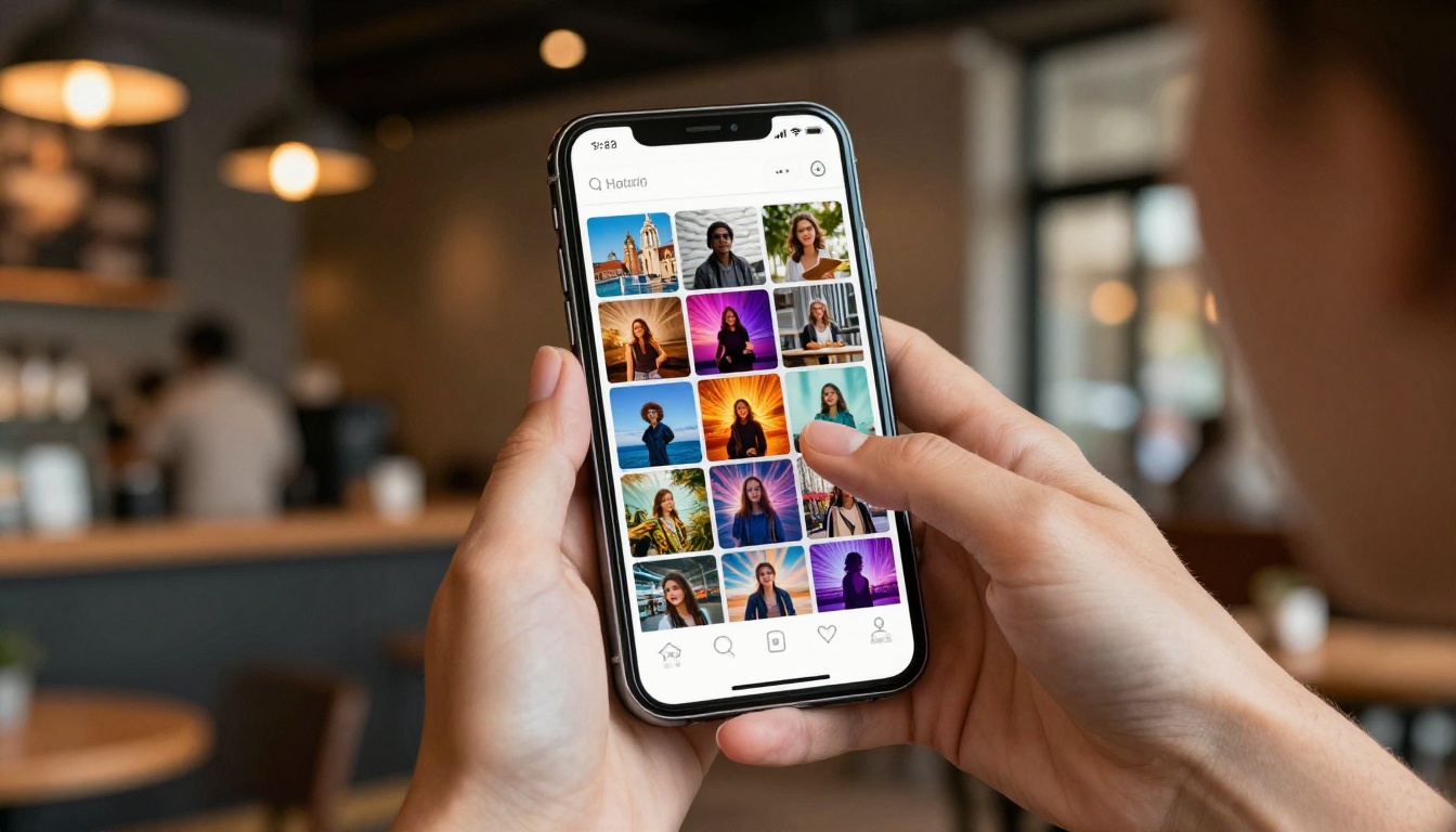 Phone screen showing AI image gallery representing mobile-first creative workflow