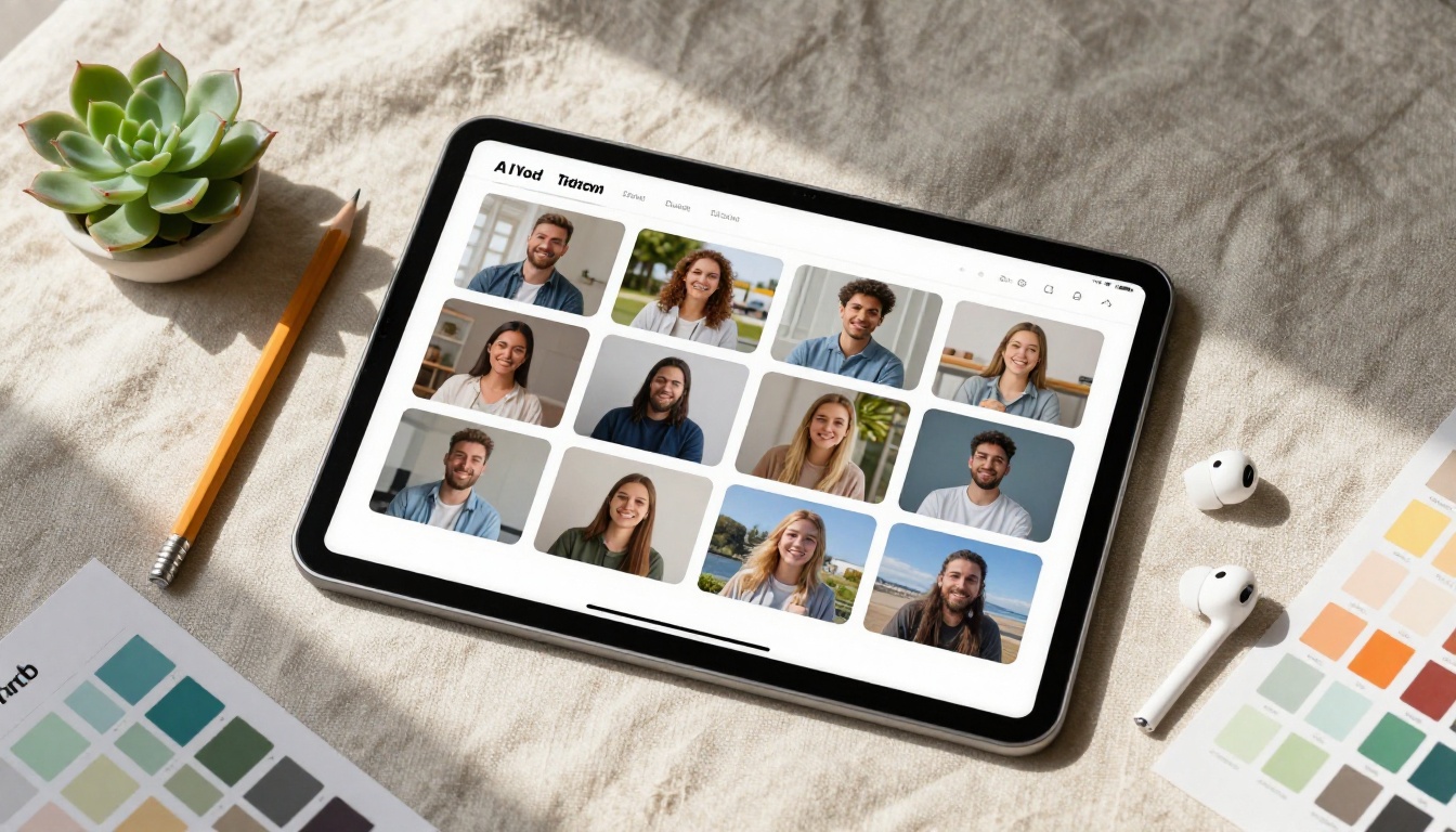 A flat-lay overhead shot of a tablet displaying AI video scene thumbnails on a linen surface with editorial workspace props A flat-lay overhead shot of a tablet displaying AI video scene thumbnails on a linen surface with editorial workspace props