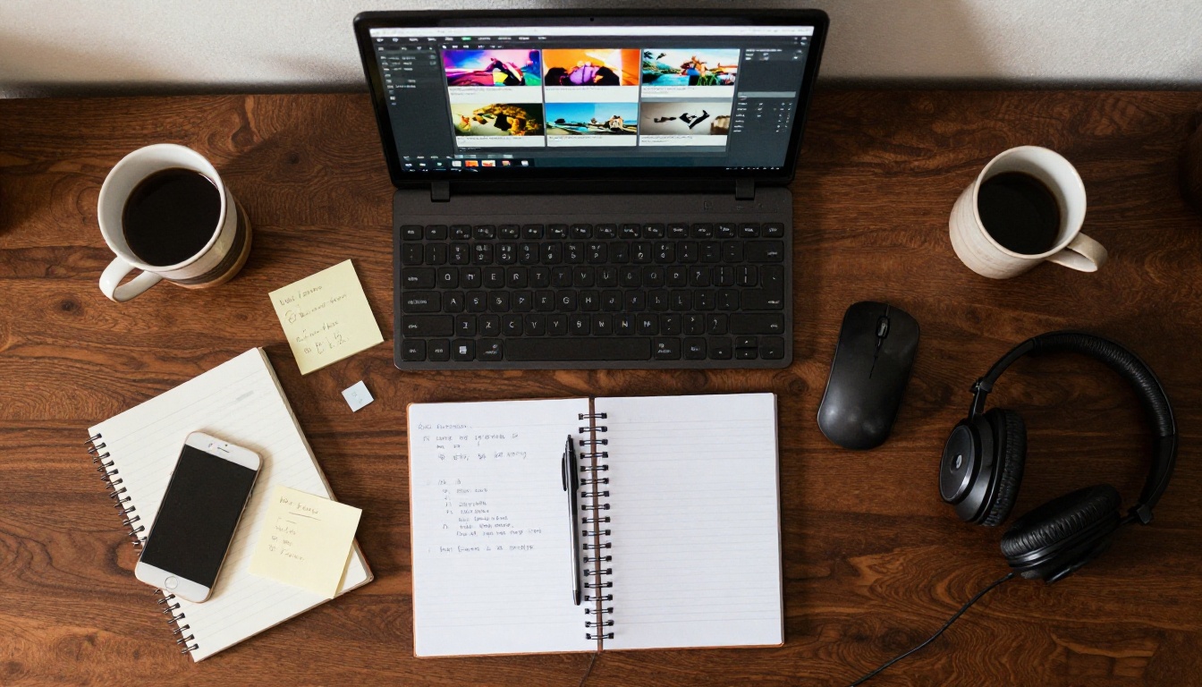 Overhead top-down flat lay composition of a professional video creator's desk workspace