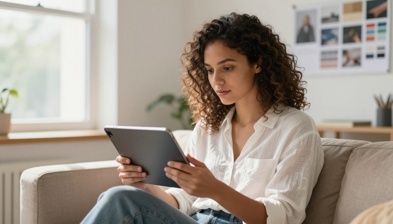 Young female creative professional with natural curly hair reviewing video footage on an iPad Pro in a bright, whitewashed studio