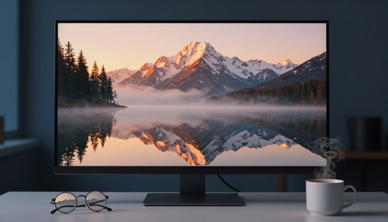 Large monitor on a clean minimalist desk displaying a stunning AI-generated mountain lake at sunrise, eyeglasses in foreground reflecting the screen