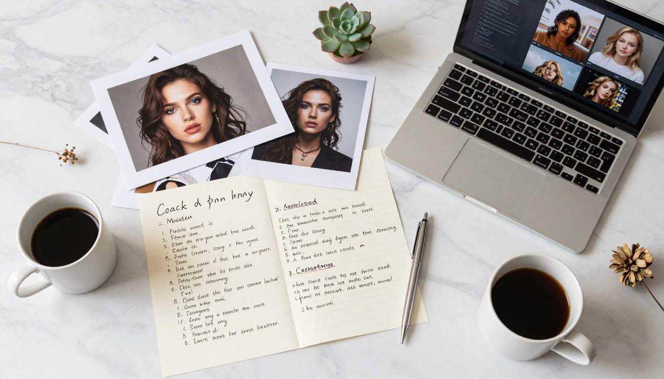 Flat-lay workspace with AI output prints and creative notes Flat-lay workspace with AI output prints and creative notes
