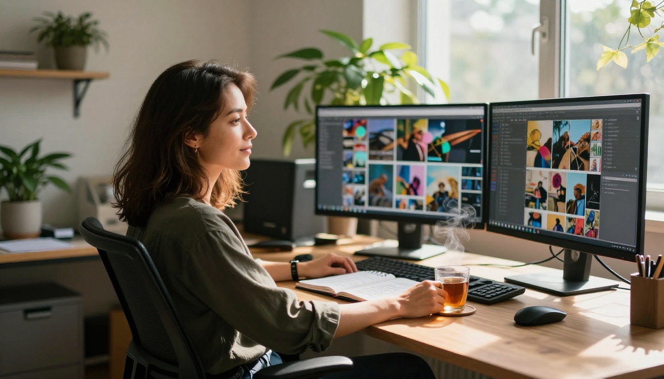 Creative professional at multi-screen setup representing advanced AI image production workflow