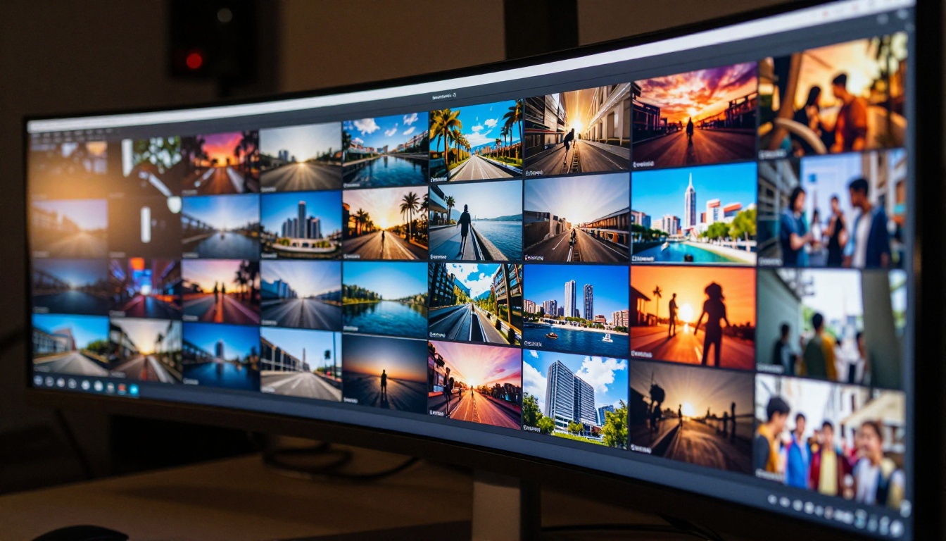 Close-up shot of a large curved ultrawide monitor displaying a grid of AI video generation results with vivid colorful video preview thumbnails