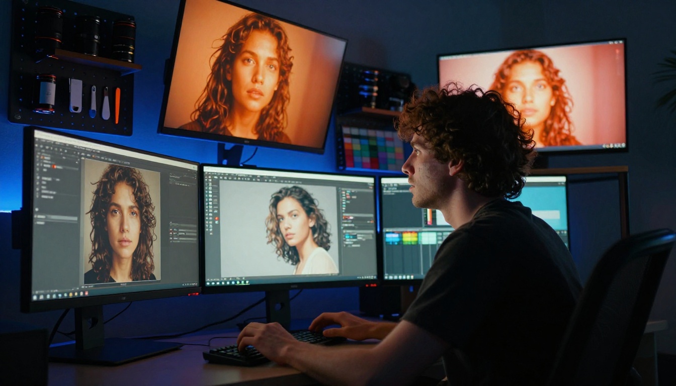 Low-angle shot of creative professional at triple-monitor editing setup with AI-generated portraits on screens Low-angle shot of creative professional at triple-monitor editing setup with AI-generated portraits on screens