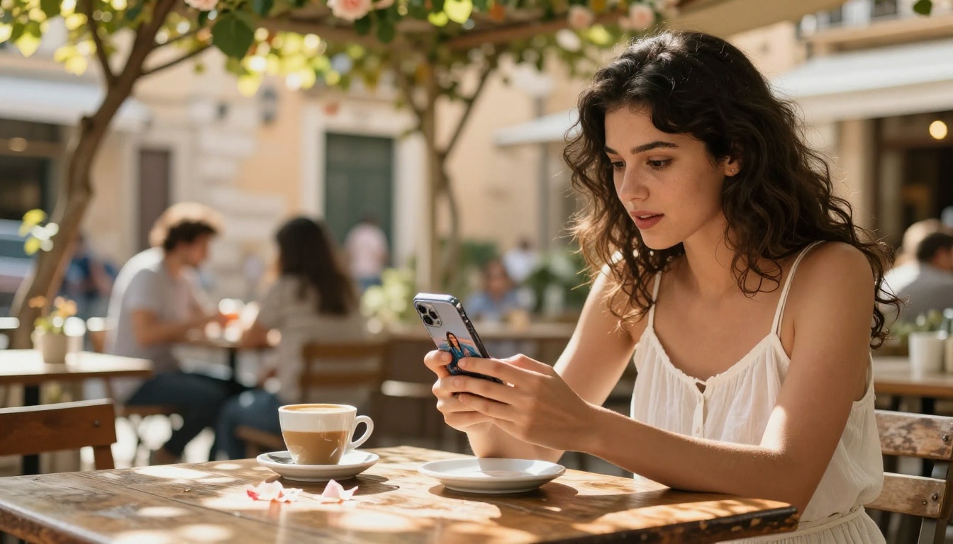 Woman in a white linen summer dress at a sunlit Mediterranean café terrace, reviewing AI-generated photos on her smartphone