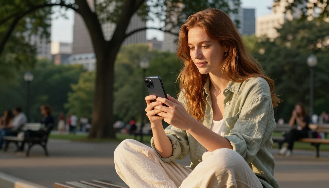 Young woman watching AI-generated video on her smartphone in a sunny park Young woman watching AI-generated video on her smartphone in a sunny park
