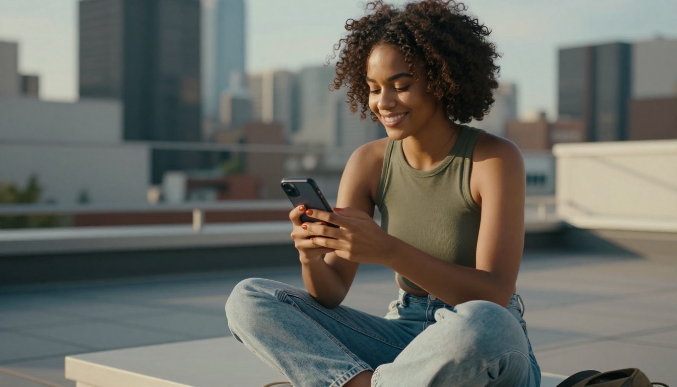 Woman on rooftop terrace with smartphone