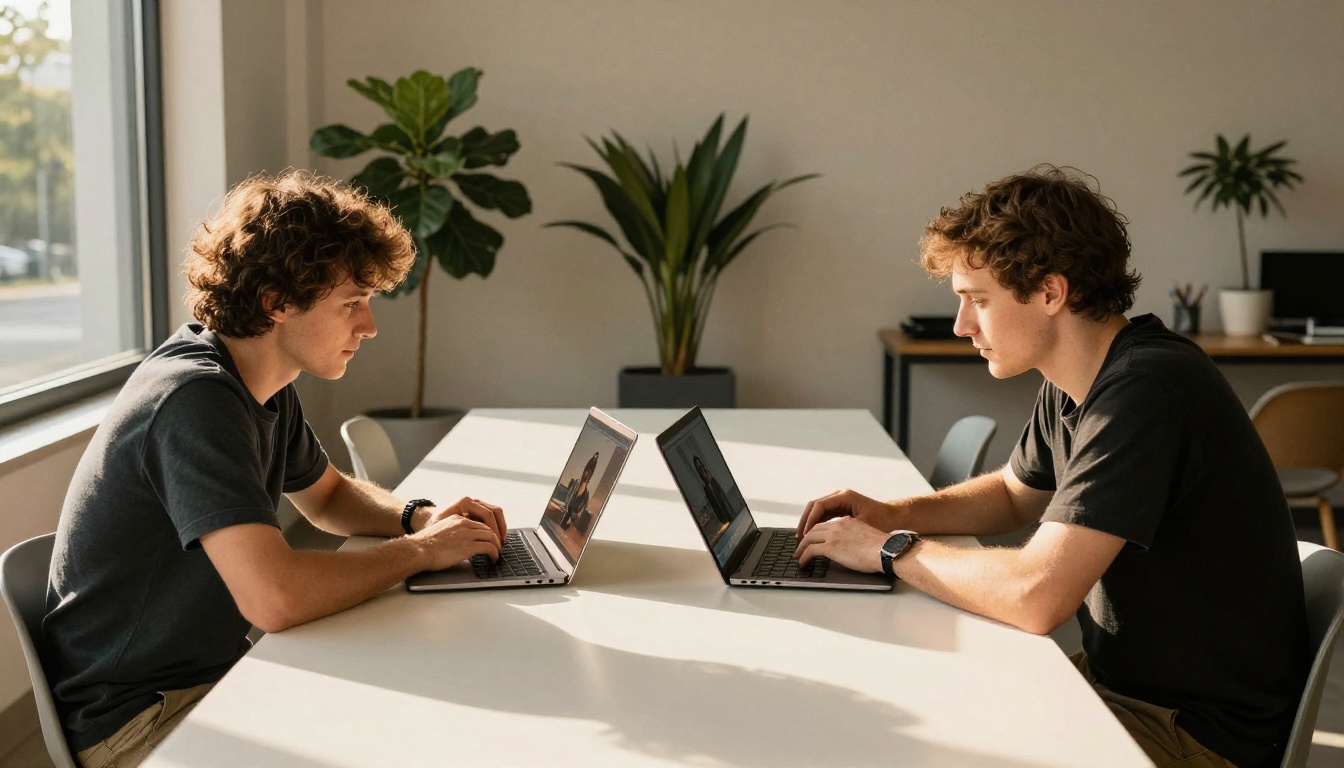 Two people sitting side by side at a long modern white table each with a laptop open, collaborating and comparing video outputs on their screens