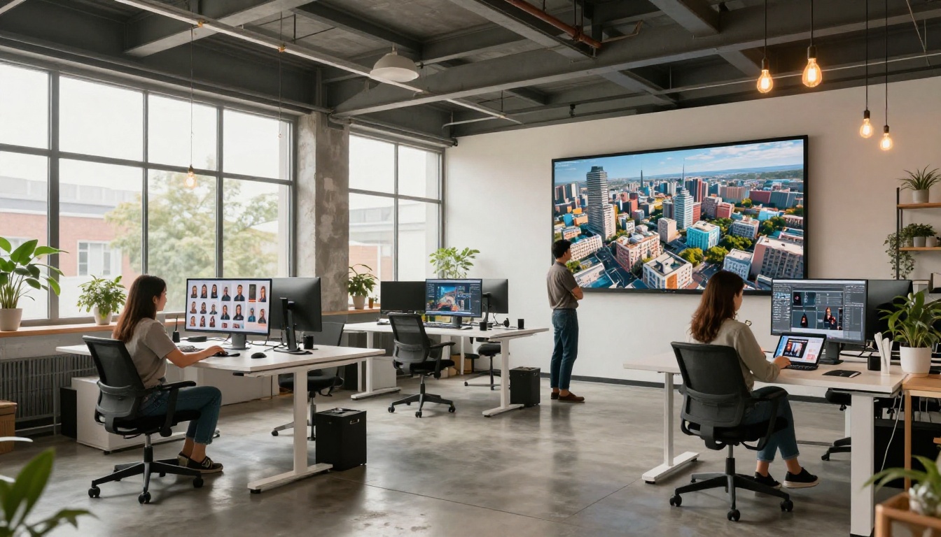 Three designers in a modern creative studio office working at standing desks, multiple monitors displaying AI-generated photorealistic images