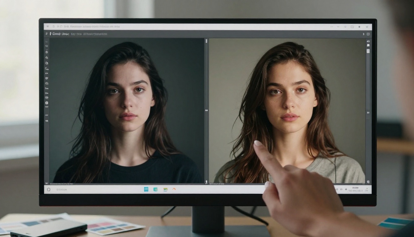 Professional monitor displaying before-and-after split-screen comparison of AI photo enhancement Professional monitor displaying before-and-after split-screen comparison of AI photo enhancement