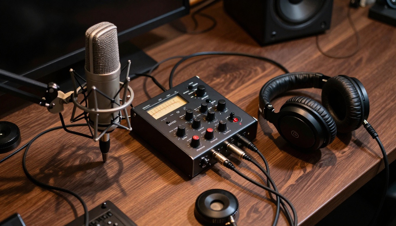 Professional audio recording setup with microphone, interface, and headphones on a walnut desk Professional audio recording setup with microphone, interface, and headphones on a walnut desk