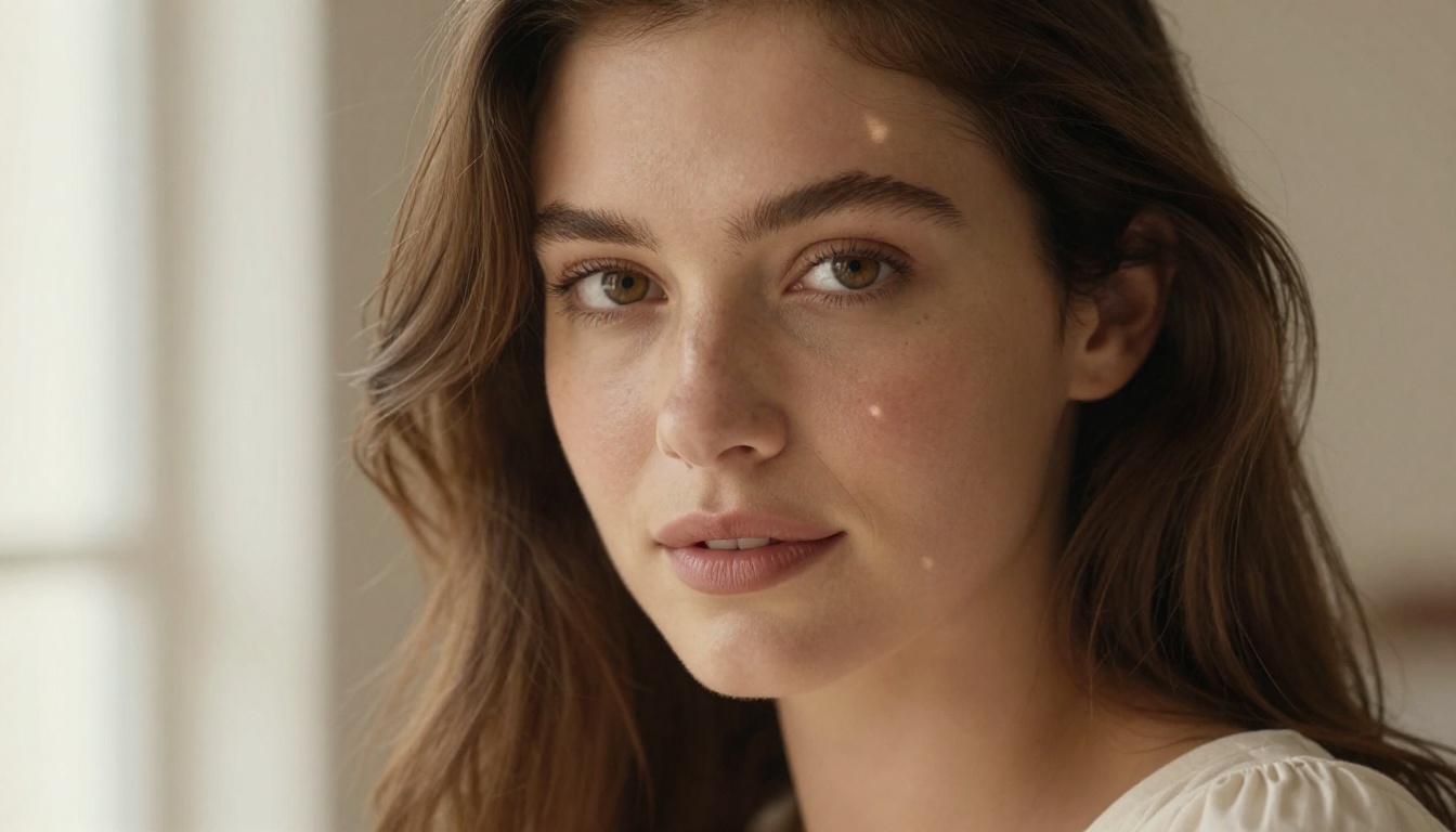 Close-up portrait of a woman with luminous skin and wavy chestnut hair, soft Rembrandt window light, shallow depth of field