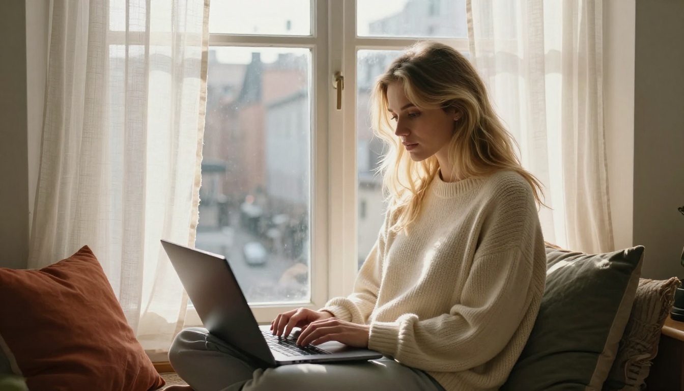 Attractive young woman with blonde hair on window seat typing on laptop with morning sunlight Attractive young woman with blonde hair on window seat typing on laptop with morning sunlight