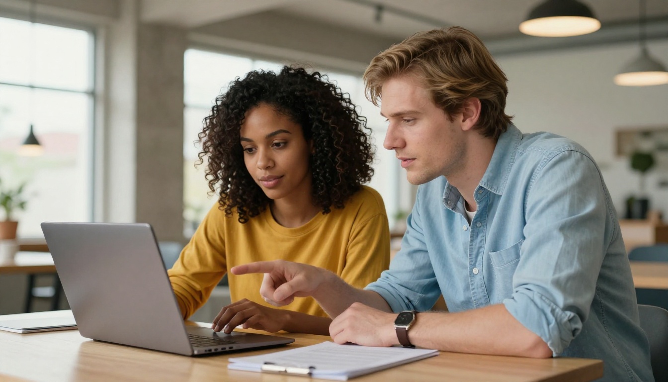 Two creative professionals reviewing an AI-generated video together on a laptop
