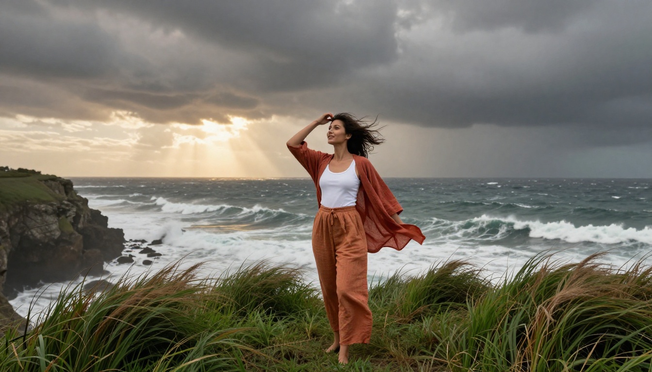 Woman on a rugged coastal cliff with dramatic Atlantic waves and storm clouds behind her, wind in her hair, low-angle cinematic shot