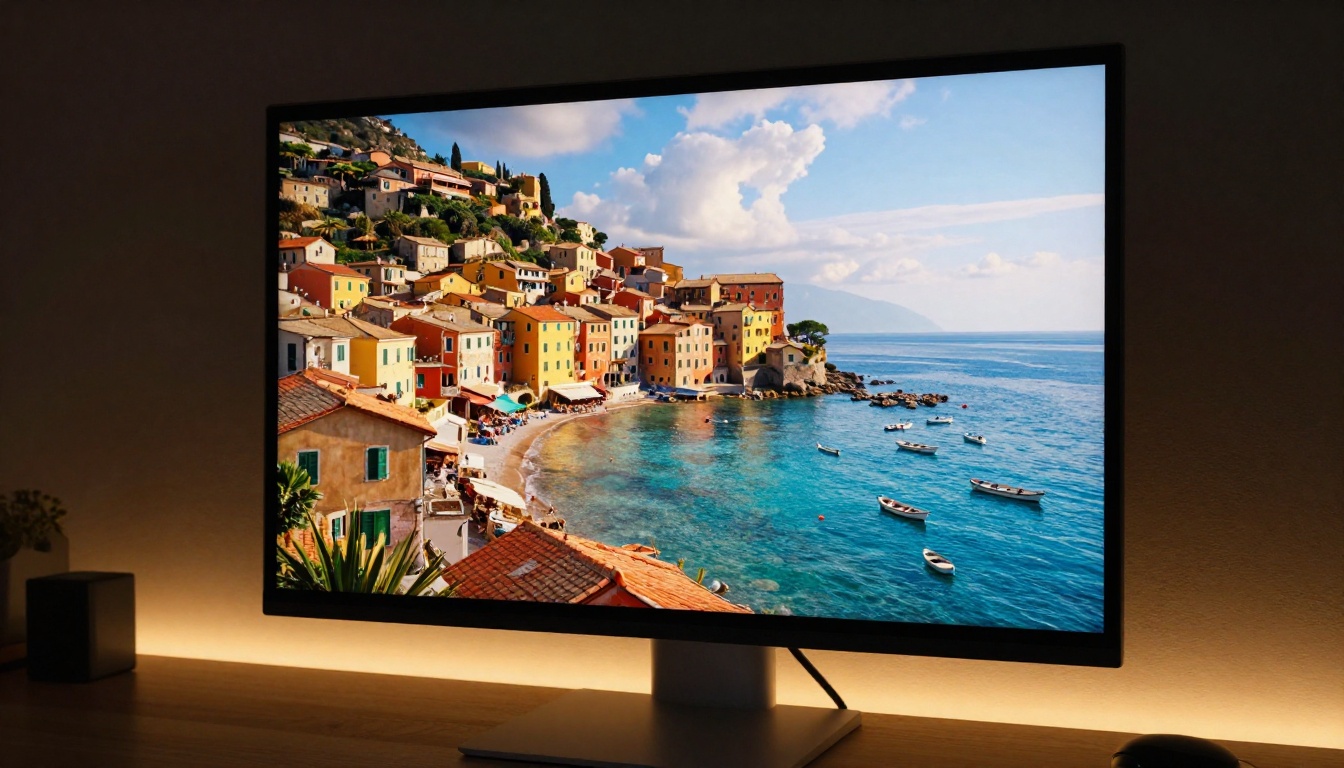 Large 4K monitor displaying a stunning AI-generated cinematic video scene Large 4K monitor displaying a stunning AI-generated cinematic video scene