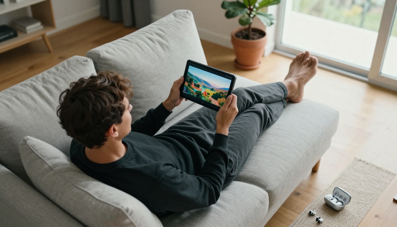 Creative filmmaker watching AI video on a tablet while relaxing, overhead perspective Creative filmmaker watching AI video on a tablet while relaxing, overhead perspective