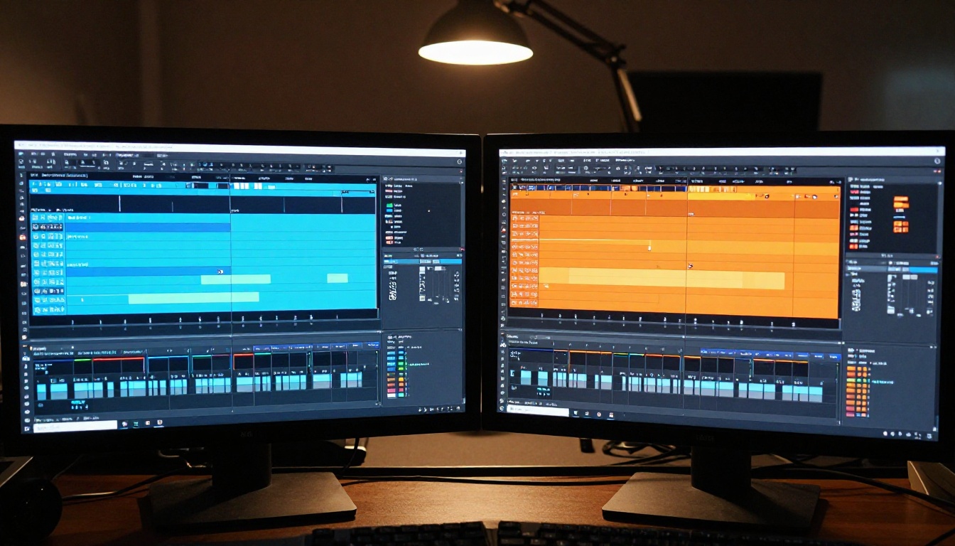 Two professional monitors side by side showing video timelines in blue and orange tones on a dark editing desk
