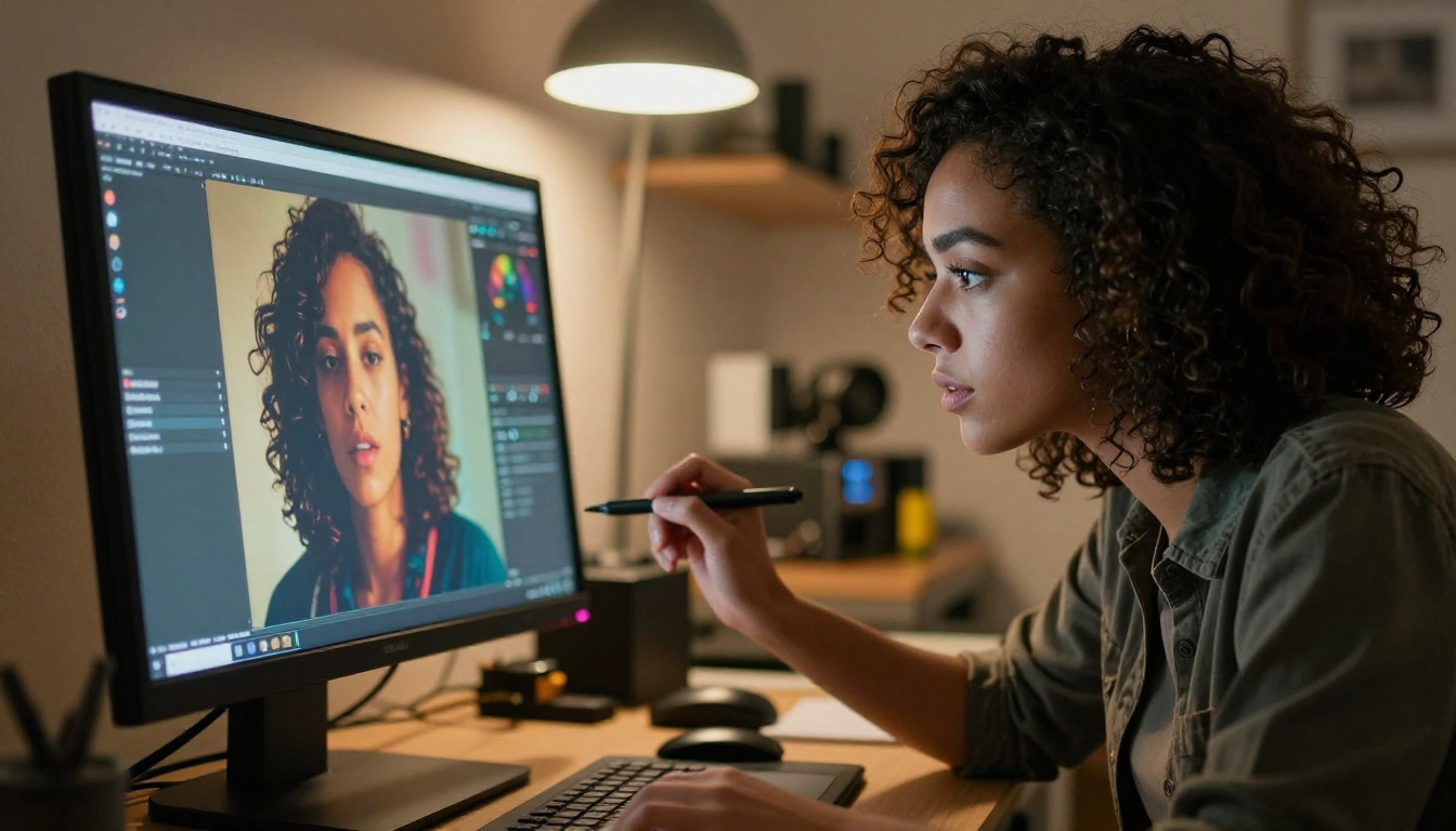 Young professional woman filmmaker leaning toward a color-calibrated monitor, screen colors reflecting on her face