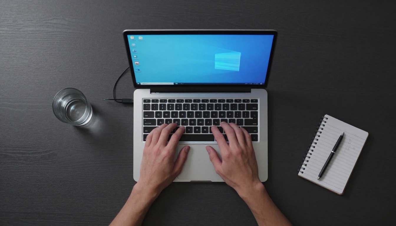 Aerial top-down view of a sleek minimalist desk with hands typing on a laptop, cool blue ambient light from the screen