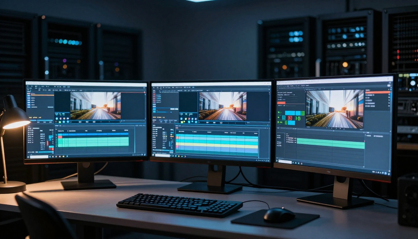 Professional male video producer at a curved multi-monitor workstation with video editing timeline, blue screen ambient light