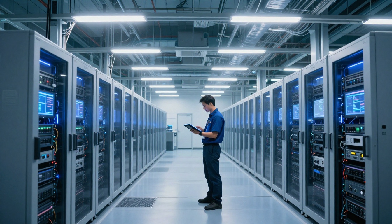Wide shot of AI research server farm with rows of blue-lit server racks and a technician monitoring systems