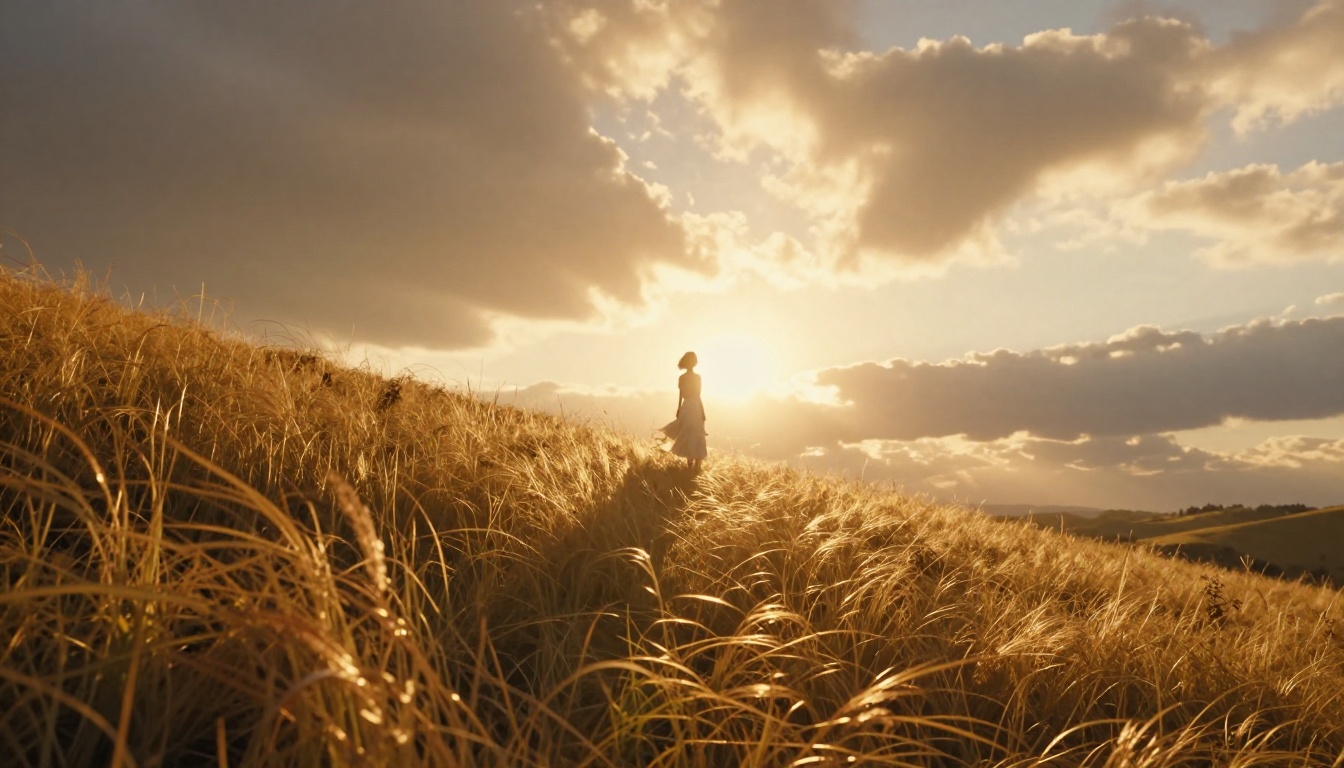 Photorealistic cinematic landscape at golden hour, lone female figure in white dress on hilltop with rolling grass hills