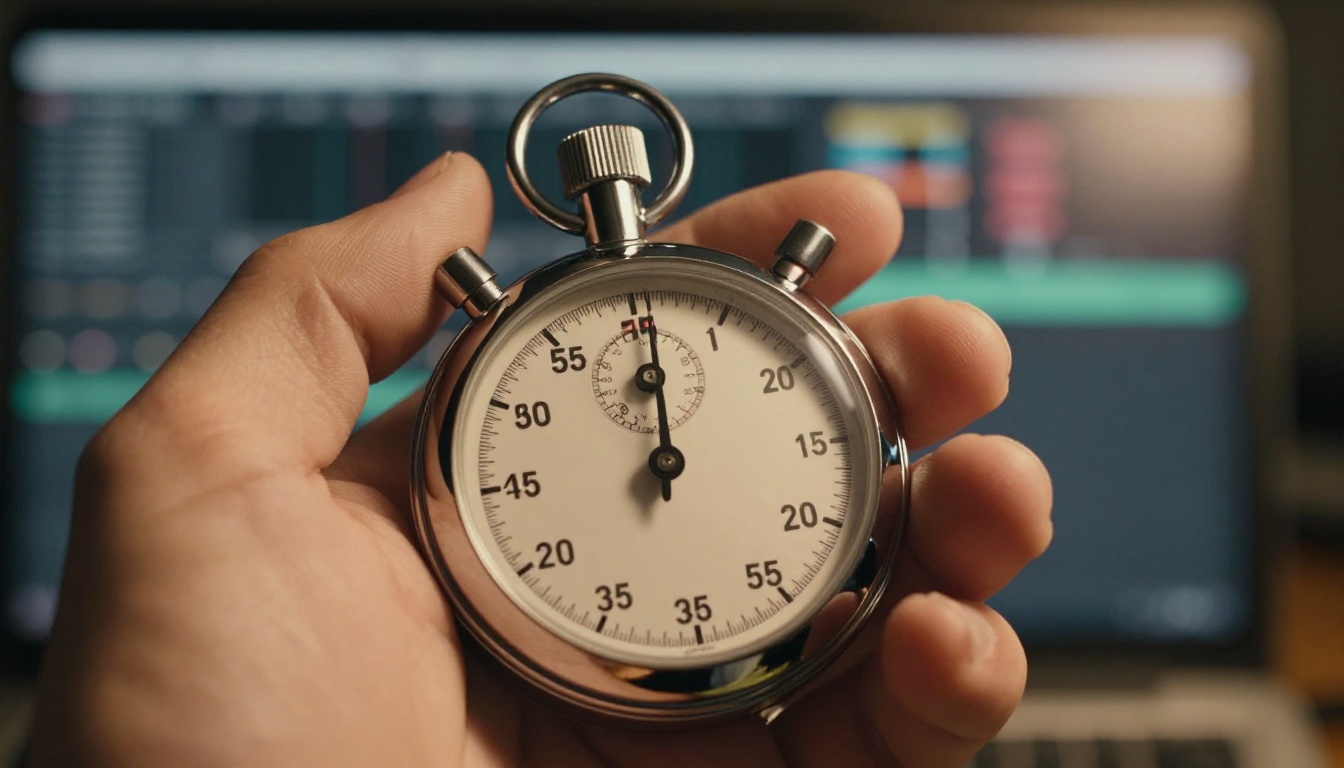 Close-up macro shot of a chrome stopwatch in a male hand, video editing workstation blurred in background bokeh
