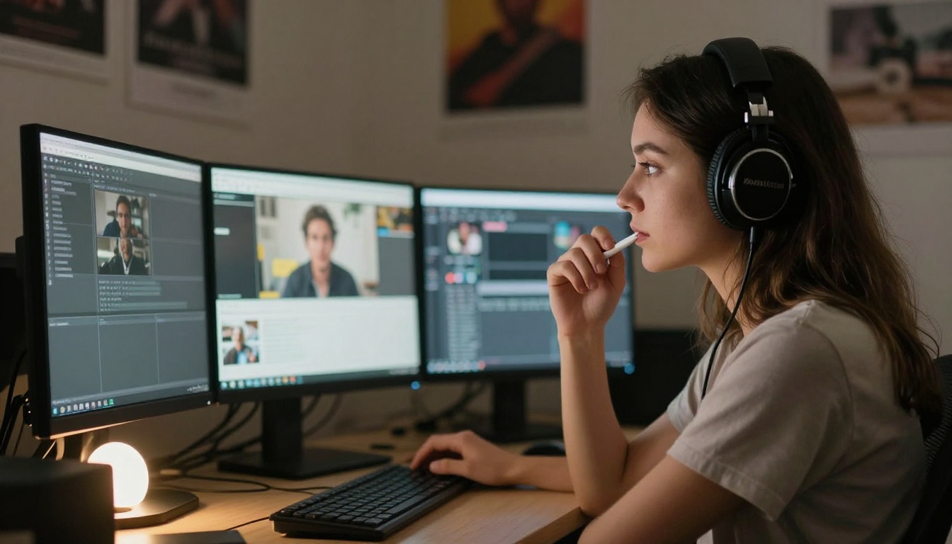 Young woman with headphones at professional AV workstation, warm desk lamp light illuminating her profile