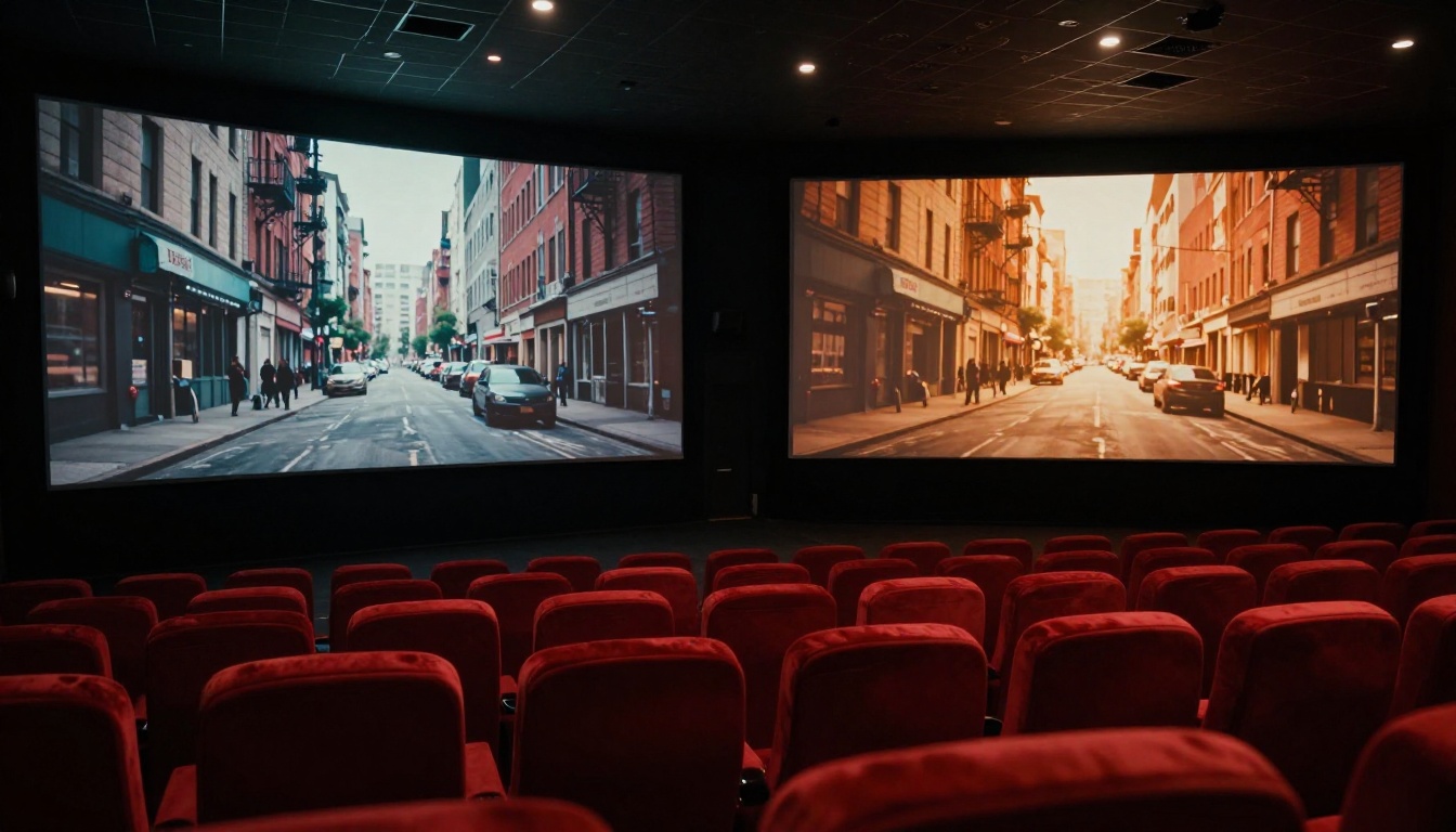 Dark cinema screening room with a large split-screen comparison showing two color grades of the same urban scene, red velvet seats in the foreground