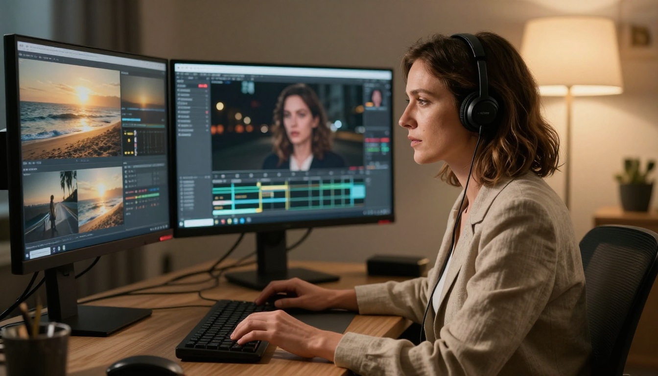 AI director seated at triple monitor setup controlling video generation AI director seated at triple monitor setup controlling video generation