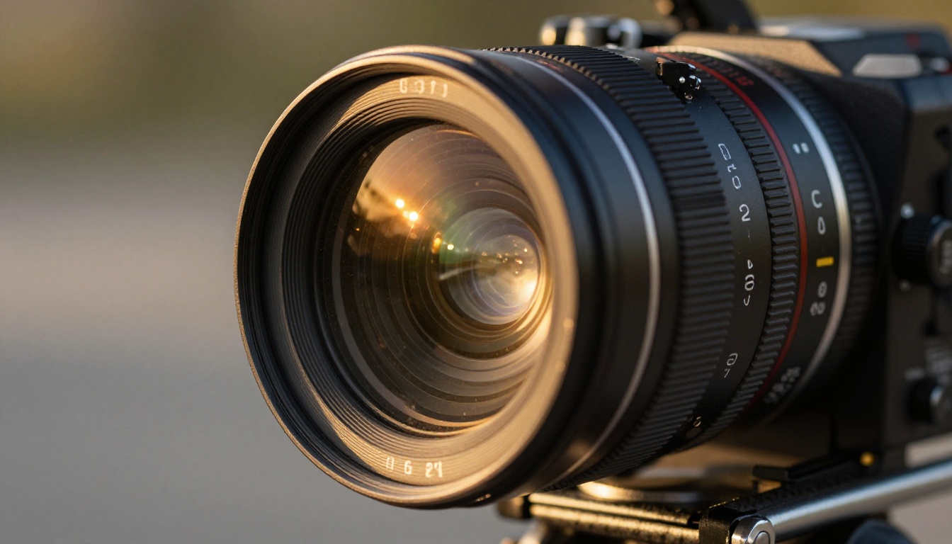 Close-up of cinema-grade anamorphic lens with golden-hour light refracting through glass Close-up of cinema-grade anamorphic lens with golden-hour light refracting through glass