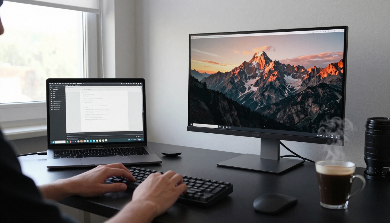 Creator typing AI video prompt on laptop with cinematic mountain landscape output on secondary monitor Creator typing AI video prompt on laptop with cinematic mountain landscape output on secondary monitor