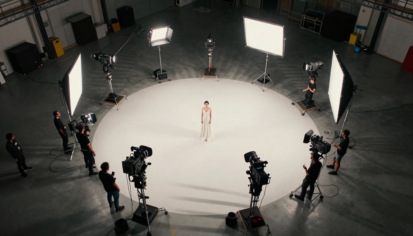 Aerial top-down view of professional film production set with geometric equipment arrangement Aerial top-down view of professional film production set with geometric equipment arrangement