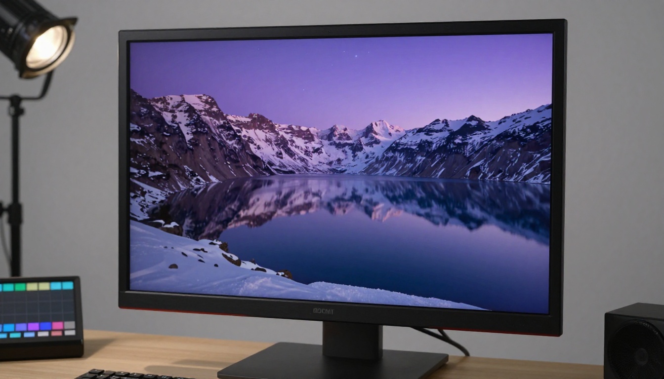 Professional reference monitor displaying crystal-clear 4K alpine lake reflection at blue hour Professional reference monitor displaying crystal-clear 4K alpine lake reflection at blue hour