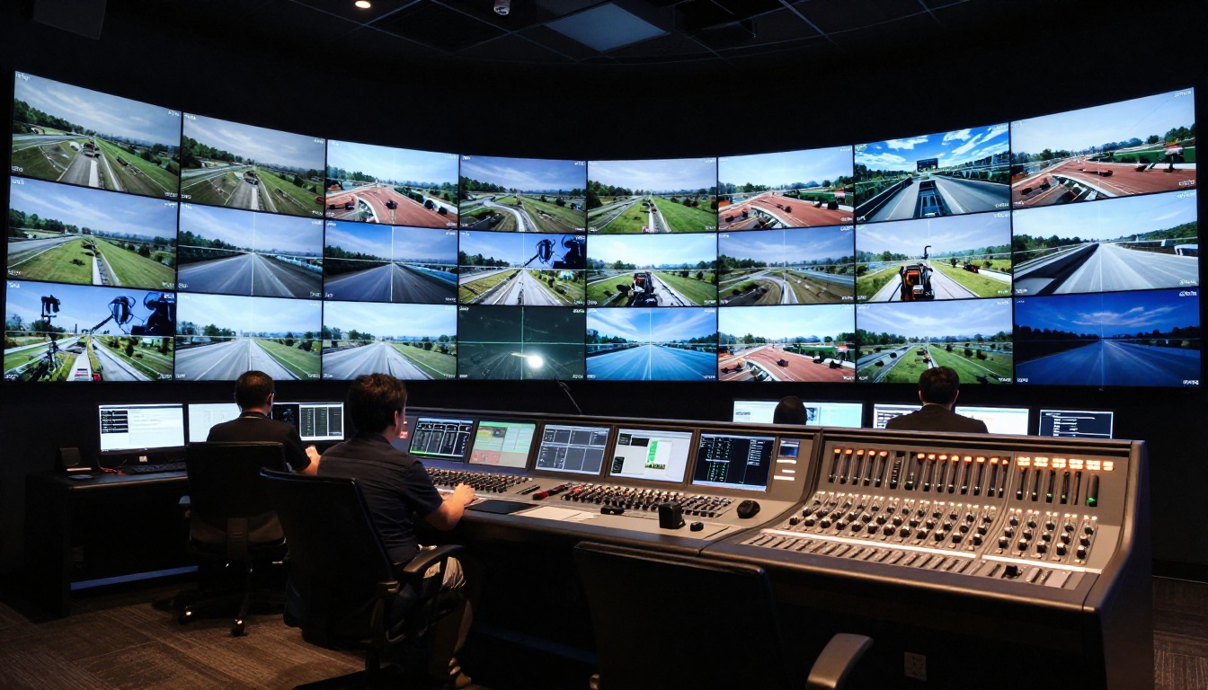 Broadcast video production control room with semicircular monitor bank and two technicians Broadcast video production control room with semicircular monitor bank and two technicians