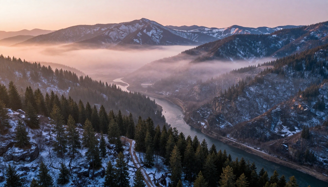Aerial dawn landscape photograph with misty mountain valley, pine forests, and silver river, shot with 24mm drone lens