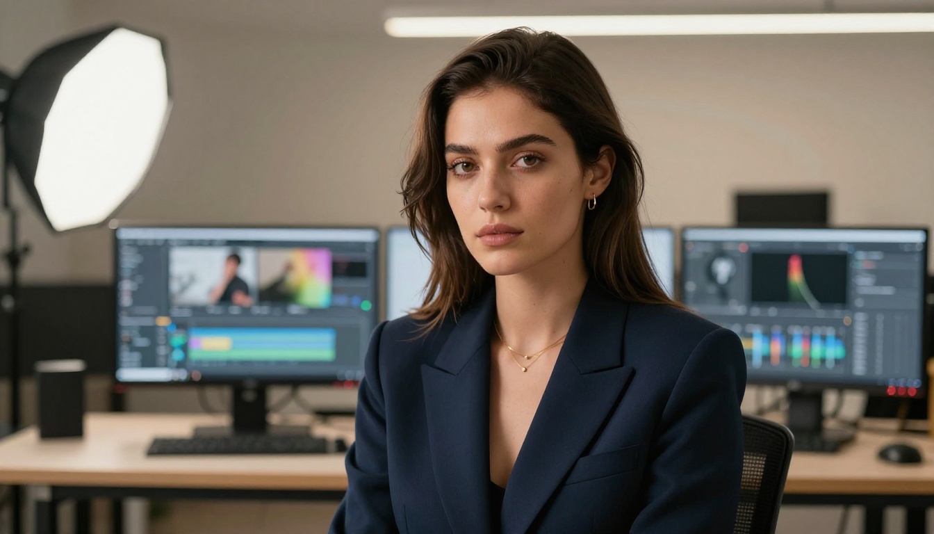 Confident professional woman in navy blazer seated in creative studio with monitors behind her Confident professional woman in navy blazer seated in creative studio with monitors behind her