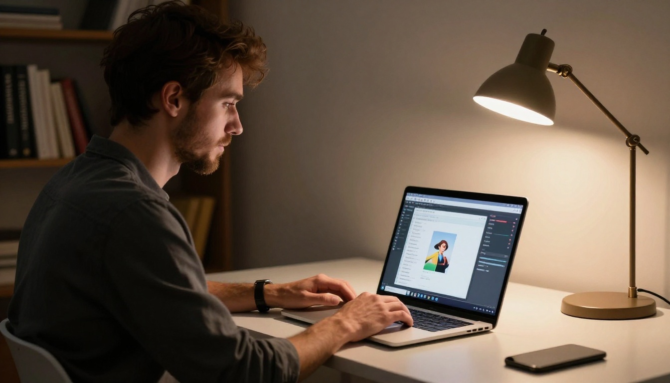 Side profile creative professional at laptop with AI interface