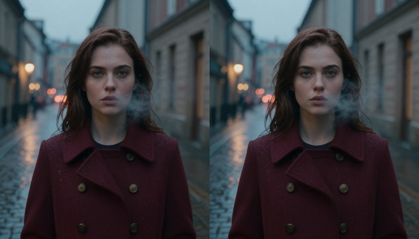 A woman with dark auburn hair maintaining identical features while standing on a rainy cobblestone European street
