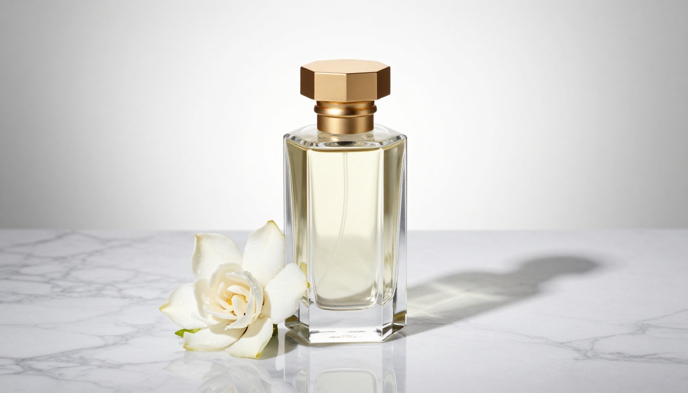 Luxury perfume bottle on white marble with gardenia, professional product photography, 100mm macro lens, directional LED studio lighting