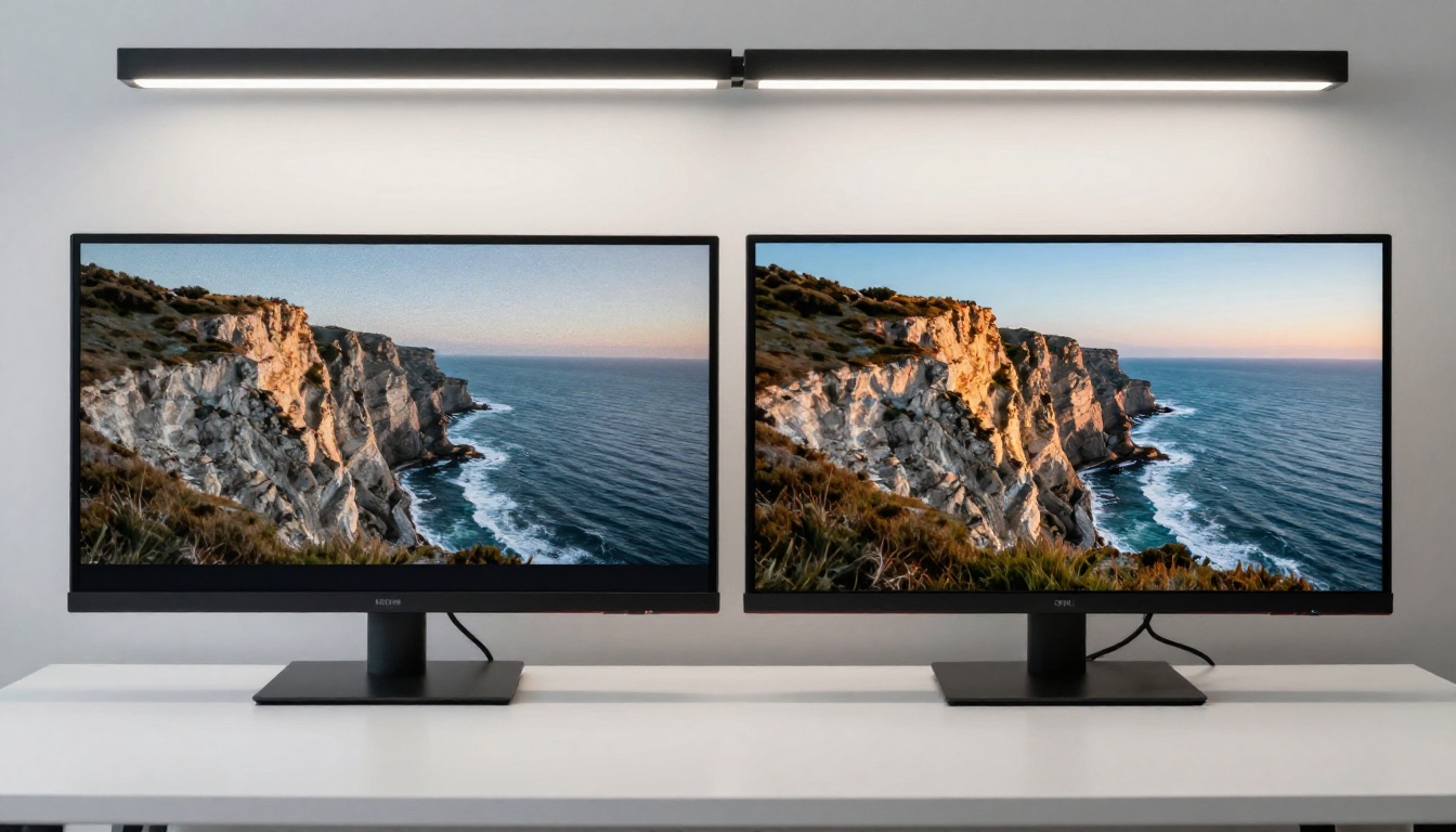 Two side-by-side monitors showing low-resolution vs sharp 4K cinematic video quality comparison Two side-by-side monitors showing low-resolution vs sharp 4K cinematic video quality comparison
