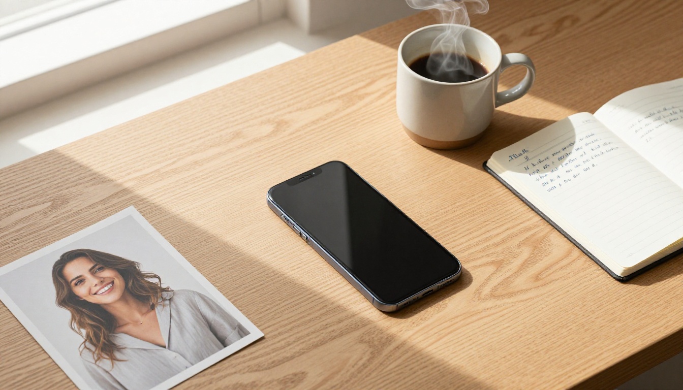 Overhead flat lay desk with phone, coffee, notebook and printed photo