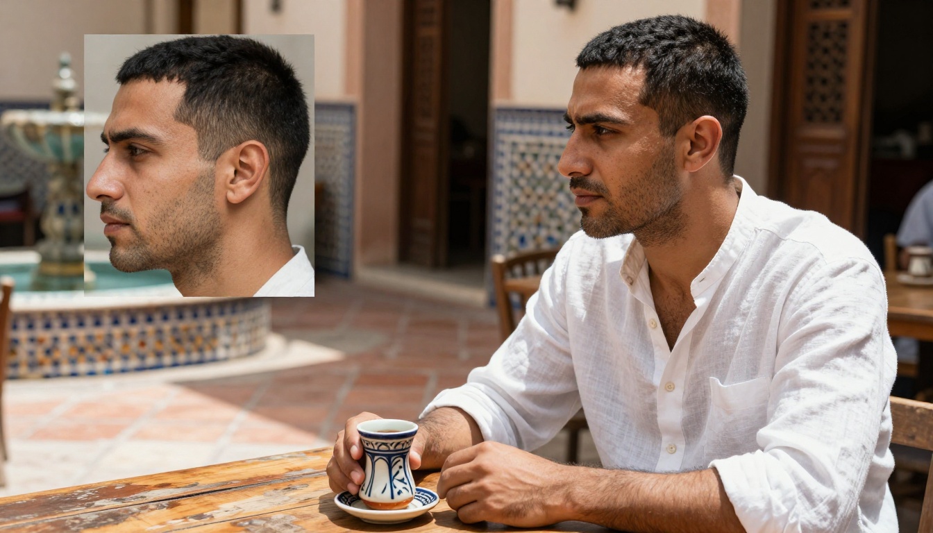 A man with identical olive skin, close-cropped black hair and white linen shirt across a Moroccan courtyard setting