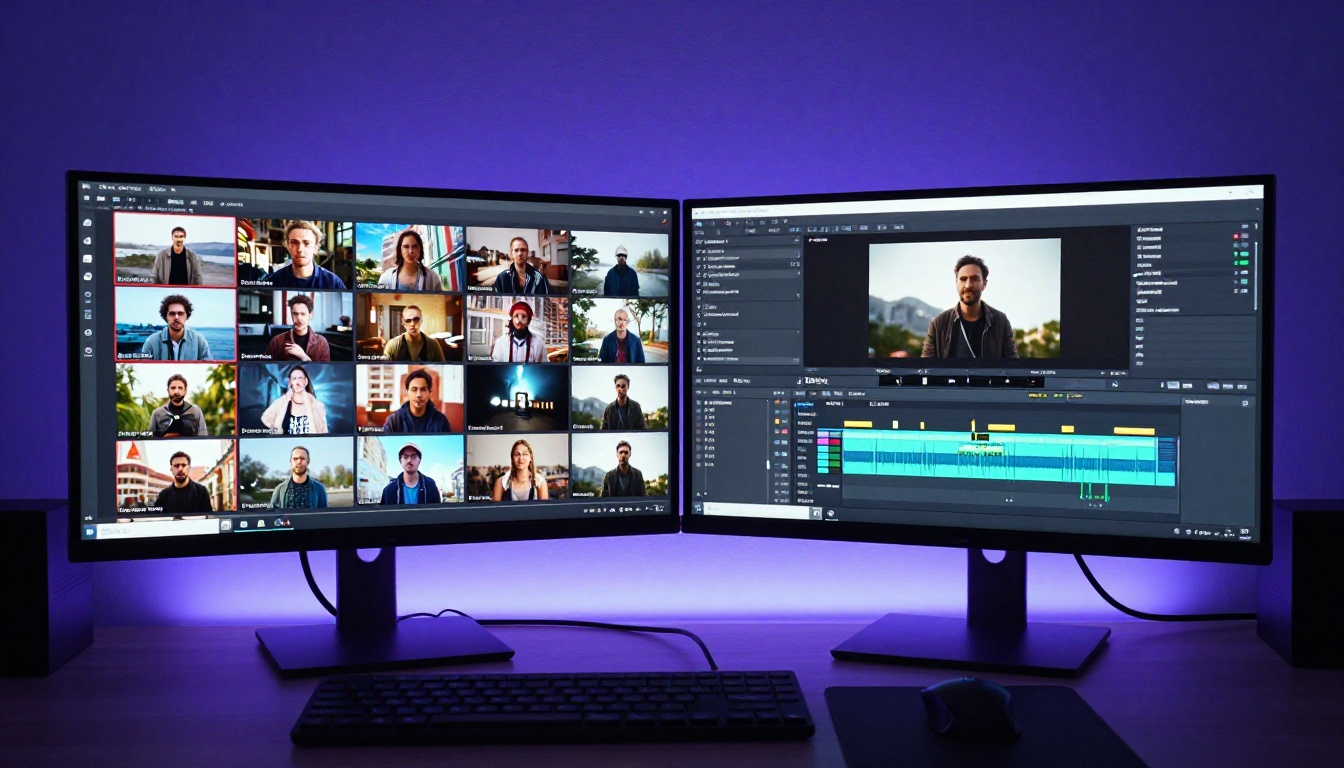 Creative professional's dual-monitor workstation with AI video platform glowing at night Creative professional's dual-monitor workstation with AI video platform glowing at night