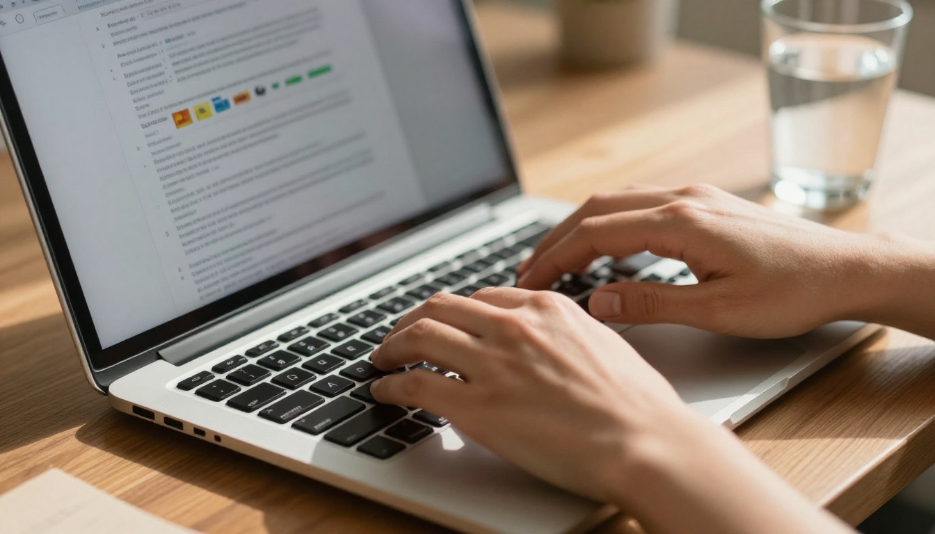 Close-up of hands typing a detailed prompt into an AI interface on a silver laptop keyboard