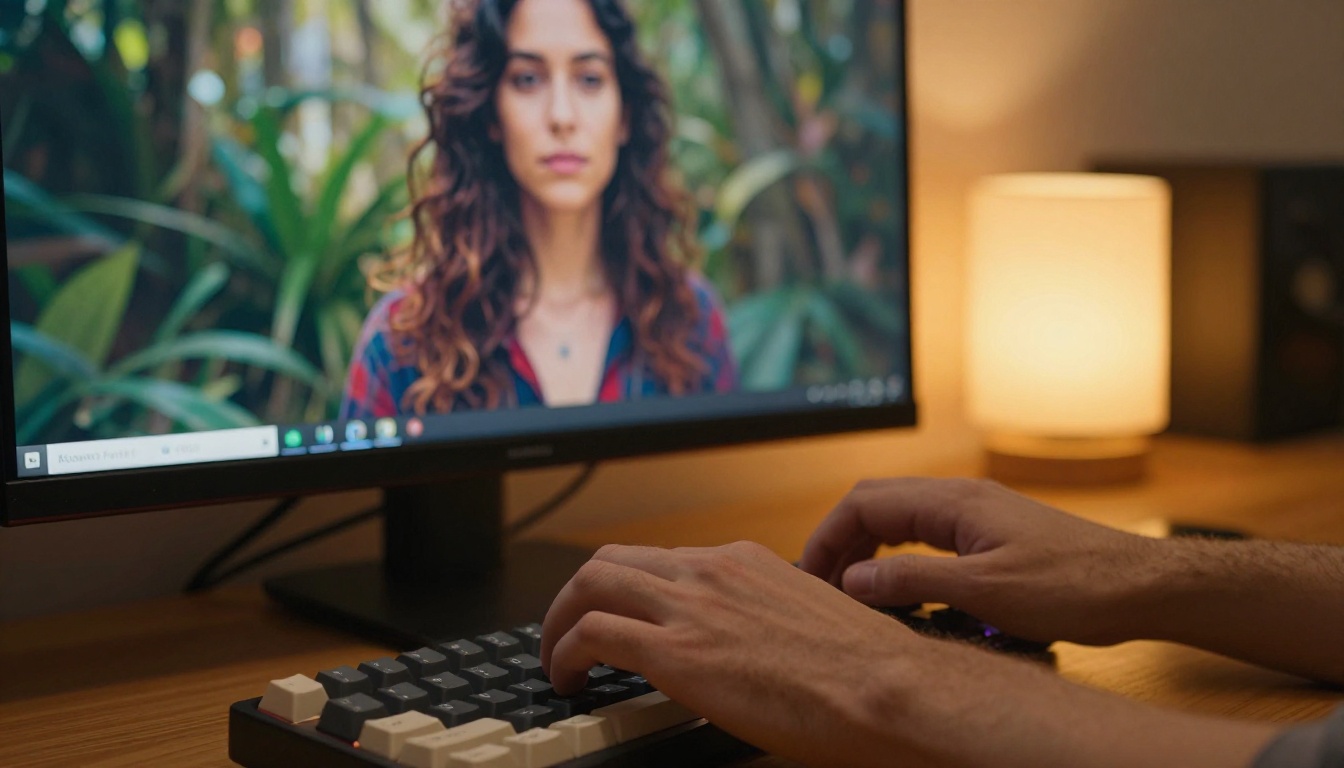 Close-up hands typing on mechanical keyboard with AI-generated portrait visible on monitor Close-up hands typing on mechanical keyboard with AI-generated portrait visible on monitor