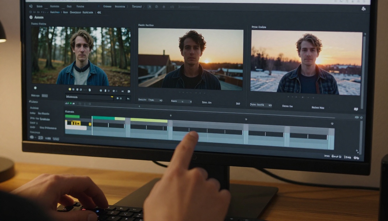 A filmmaker reviewing multiple frames of the same character across different scenes on editing monitors