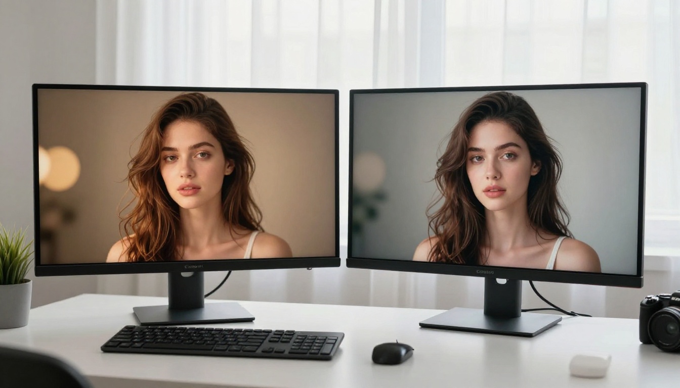 Two monitors side by side displaying AI-generated portrait images for comparison